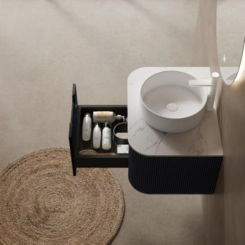 Image of KEIKI 24 inch Wall-Mounted Floating Bathroom Vanity with Sink Combo, Modern 3D Striped Storage Cabinet with Curved Edges & Soft-Close Drawer, Ceramic Basin Without Faucet, Black