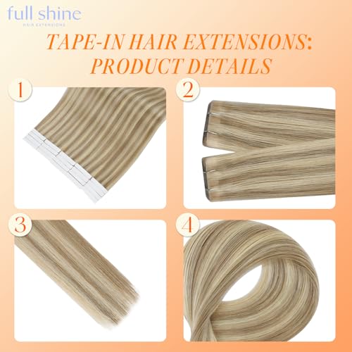 Image of Full Shine Tape in Hair Extensions Human Hair, 16 /22 Golden Blonde Highlight Medium Blonde, 22 Inch 20pcs 50g Seamless Skin Weft Injection Tape in Hair Extensions Natural Straight for Daily Wear