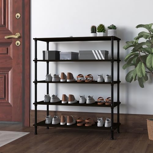 Image of TABLE MAGIC Jazz Shoe Rack Wooden Organizer | 5-Tier Multipurpose Shoes Stand for Home Wooden Shelves with & Steel Frame, Space-Saving Home Organizer, D30 x W60 x H85cm - Wenge