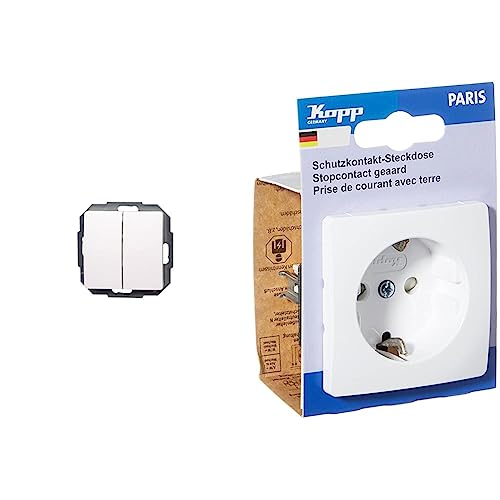 Kopp 650502062 Paris Serienschalter, Arktis-weiß & Paris 1-fach Schutzkontakt-Steckdose für den Haushalt, 250V, IP20, mit erhöhtem Berührungsschutz, Unterputz, einfache Wandmontage, arktis, 920602087