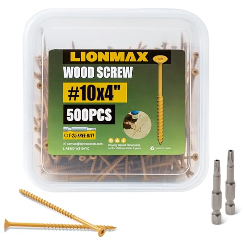 Image of LIONMAX Deck Screws 4 Inch, Wood Screws #10 x 4, 500 PCS, Rust Resistant, Exterior Epoxy Coated, Outdoor Decking Screws, Torx /Star Drive Head Deck Screw, T25 Star Bit Included, Tan