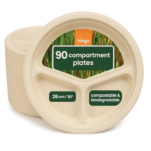 HAAGO 90 Zuckerrohr Bagasse Einwegteller, 3-Geteilt Menüteller,...