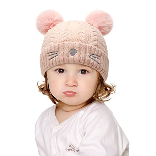 ZGMYC Baby Toddler Cute Cat Knit Beanie Hat Warm Fleece Lined Winter Hat with Pom Pom for Boys Girls2