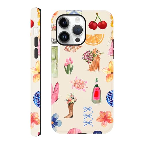 Case Compatible with iPhone 14 Pro 6.1", Summer Beach Hibiscus Flower Turtle Bow Phone Case Aesthetic Art Cover, Protective Scratch Resistant Hybrid 2-Layer Hard Shell for Girl Women
