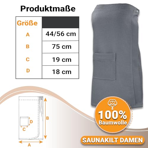ZOLLNER Damensaunakilt in Waffelpique - grau - Einheitsgröße - Baumwolle - mit Gummizug und Klettverschluss - praktische Tasche mit Reißverschluss - waschbar bis 60°C - Oeko Tex® zertifiziert
