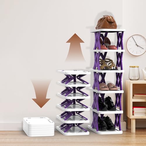 Image of TeqHome 6 Tier Foldable Shoe Rack, Vertical Shoe Organizer Free Installation, Narrow Shoe Shelf Saving Space, Free Standing Shoes Storage Organizer for Bedroom Entryway Closet Living Room (Purple)