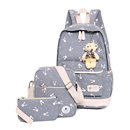 3Pcs Bunny Prints Canvas Elementary School Rucksack Backpack Set for Girls Women Casual Daypack 3Pcs Bunny Prints Canvas Elementary School Rucksack Backpack Set for Girls Women Casual Daypack