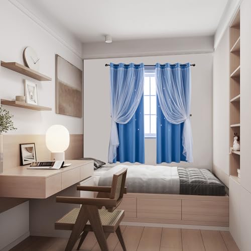 Image of indistar Star Cutout Kids Window Blackout Curtains for Girl Bedroom Window Room Darkening Curtains & Drapes Baby Nursery Curtains (2 Panel,52Wx63L inch,Blue)