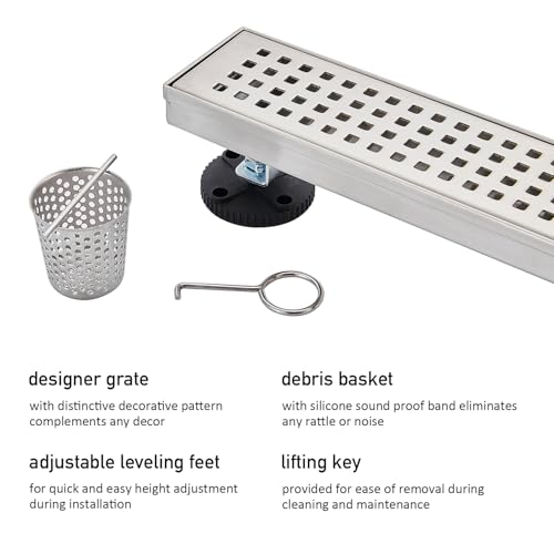 AVSIILE Linear Shower Floor Drain, Brushed Nickel 18 Inch 304 Stainless Steel Bathroom Drains Kit, Long Rectangular Shower Trench Drain with Square Pattern Drain Cover & Hair Catcher