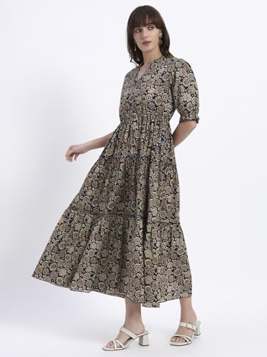 Image of Women's Fit and Flare Dress I Pure Cotton Long Summer Maxi Dress I V-Neck I Casual Wear I Printed Kalamkari Floral Middi