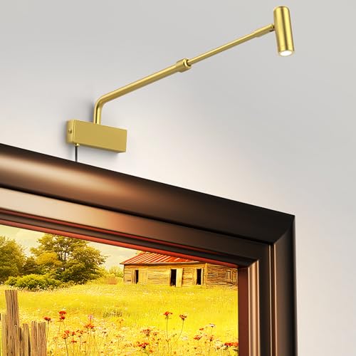 Image of Picture Light for Wall with Retractable Arm, Rotatable Indoor Picture Light Mini Accent Spotlight Plug in, Dimmable LED Picture Frame Light with Remote, Gold-Electroplated Wall Art Light 2700K