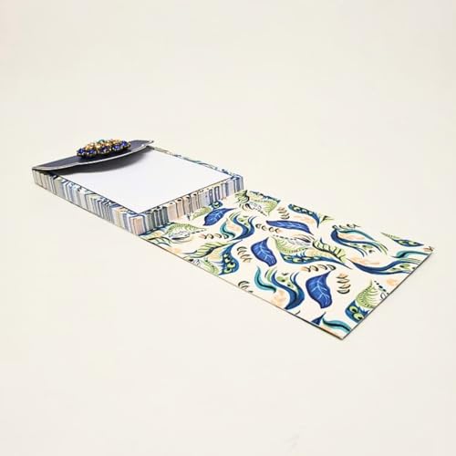 Image of Punch Studio Flip-Top Notepad For Daily Notes or Notes on-the-go, with Magnetic Closure, Brooch Embellishment, Gold-Foil Accents & 75 Illustrated Sheets, 5 inch x 3.75 inch - Azure Peacock (59225)