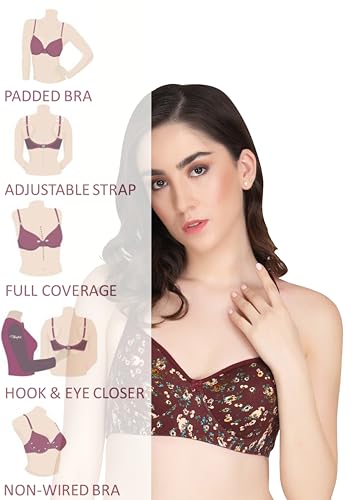 Image of Women Padded Printed Bra - Made of Pure Cotton Full Coverage Non Wired Seamless Pushup Soft Cup for T-Shirt Saree Dress Sports Garment for Daily Use Everyday Black