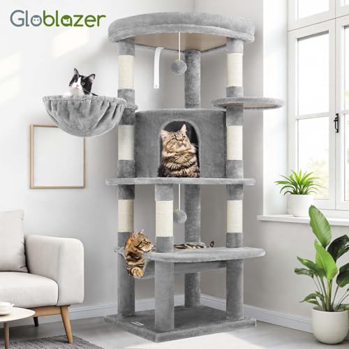 Globlazer Árbol Rascador para Gatos con 90° Sectores Grandes Plataformas Acolchada Nidos Cesta Suave Hamaca, Árbol Rascador Alto 130 cm Estable Adapta Esquina para Gatos Grande (C51, Gris Claro) - imagen 8