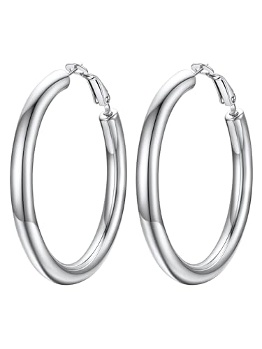Image of Stainless Steel Chunky Hoop Earrings For Women, Minimalist and Chic, Black /Gold Plated, Round Hoops Earrings Hypoallergenic, Size: 30mm /40mm /60mm /80mm, Come with Box