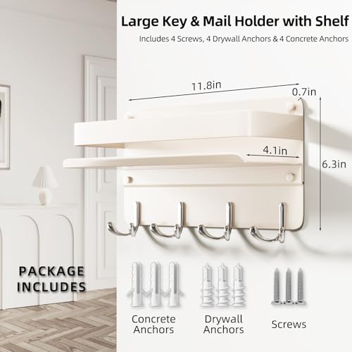 Key Holder Wall Mount Mail Holder for Wall with Shelf Includes Key Hook and Wallet Holder Hanging Key Rack with Sunglasses Storage Decorative with 4 Double Hooks(White) - Image 4