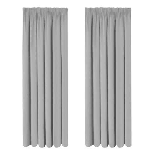 Oxford Homeware Blackout Curtains Bedroom Pencil Pleat Readymade Light Grey Curtain 90 x 72 Living Room Window Curtain Tape Top Thermal Insulated Kitchen Curtains 2 Panels with Tiebacks