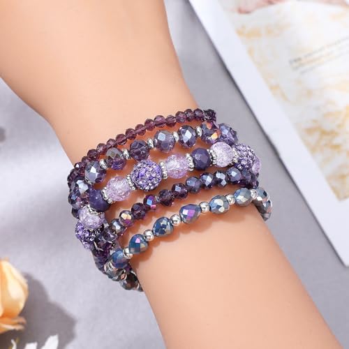5Pcs Beaded Bracelets for Women, Bohemian Glass Faceted Crystal Beads Bracelet, Stackable Boho Disco Ball Stretch Bracelets, Multilayered Purple Jewelry Gift for Women, Mother's Day3