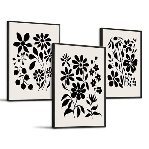 SERIMINO Black and White Wall Art Framed Bedroom Decor Aesthetic, Botanical Floral Canvas Wall Art for Living Room Boho, Set of 3 Flower Market Prints Farmhouse Wall Decor,12 x16 inch