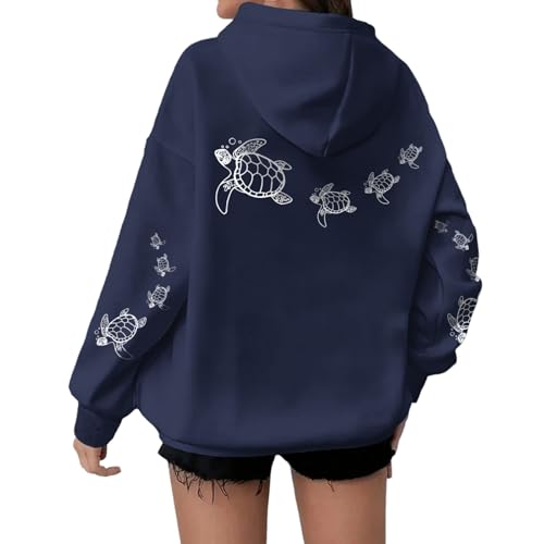 Lubpow Cute Sea Turtle Hoodies for Women Oversized Ocean Hoodie Aesthetic Graphic Sweatshirts Casual Fleece Pullover Tops(Navy Blue,M)