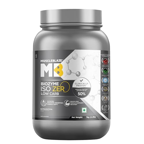 Image of MuscleBlaze Biozyme Iso-Zero Whey Protein Isolate Powder, 1kg (2.2lbs) | Unflavoured | 27g Protein Per Scoop | USA Patent-Published Enhanced Absorption Formula (EAF)