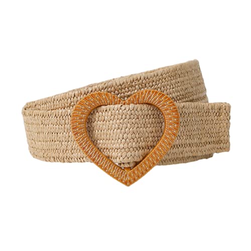Women Straw Woven Elastic Belts for Dress Rattan Waist Band Skinny Boho Braided Dress Belt with Heart-Shaped Buckle
