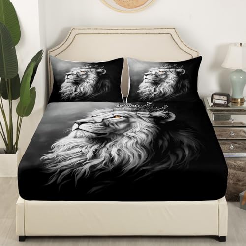 Sábana bajera ajustable con estampado de león 3D, tamaño doble, colección de estampado de corona con temática de animales salvajes, ropa de cama de tela decorativa suave, bolsillo profundo para niños