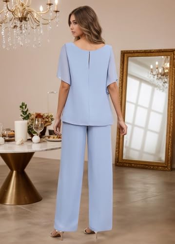 2 Pieces Mother of The Bride Pant Suits for Wedding Ruffle Sleeve Formal Pant Suit Sequin Chiffon Wedding Guest Outfits2