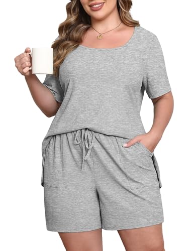 Image of Womens Plus Size Pajama Sets 2 Piece Summer Outfits Short Sleeve Tops Shorts with Pockets for Lounge Sleepwear