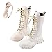 Combat Boots for Girl Fall Winter White Snow Boot with Side Zip Fashion Lace Up Knee-High Platform Dress/School Boot