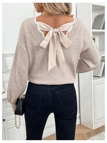 Image of GORGLITTER Women's Bow Fall Sweaters 2025 Cable Knit Chunky Oversized Long Sleeve Backless V Neck Pullover Tops