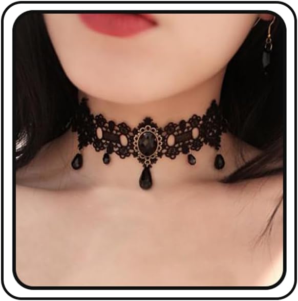 Black Lace Choker Gothic Necklace with Crystal for Women Halloween Party Custume Vintage Thick Choker