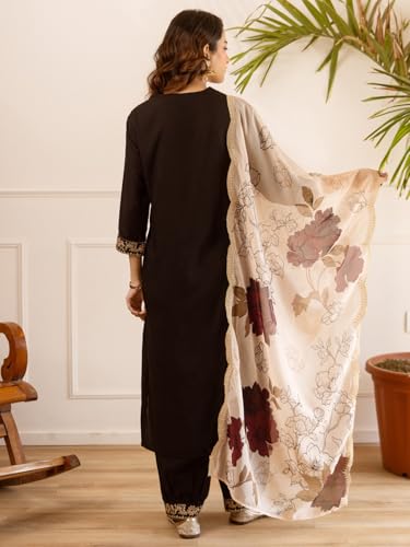 Image of INDO ERA Women's Rayon Viscose Rayon Embroidered Straight Kurta & Salwar with Dupatta Set