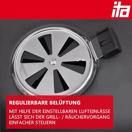 ITA Räuchergrill 3in1 Multifunktional - Grillen, Räuchern, Garen - Modularer Holzkohlegrill Smoker mit Thermometer & regulierbarem Luftabzug am Deckel - Grilltonne Räucherofen