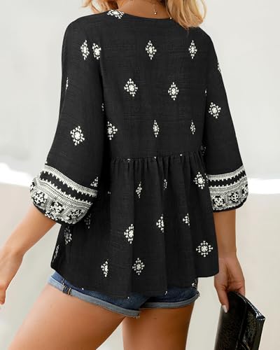 Image of Vivilli Womens Summer Boho Babydoll Tops 3 /4 Sleeve Pleated Peplum Blouses Casual V Neck Tie Front 2026 Tunic Tops