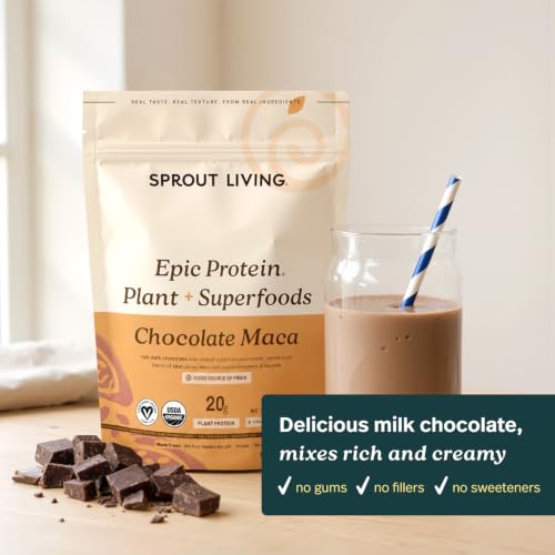 Image of Sprout Living Epic Protein, Plant Based Protein & Superfoods Powder, Chocolate Maca Powder | 20 Grams Organic Protein Powder, Vegan, Non Dairy, Non-GMO, Gluten Free, Low Sugar (1 Pound, 12 Servings)