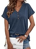 AUTOMET Short Sleeve V Neck T Shirts Womens 2026 Summer Business Casual Henley Tops Cap Sleeve Spring Fashion Clothes Dressy Lightweight Work Tshirts Loose Blouses Cute Outfits Clothing Navy Blue L