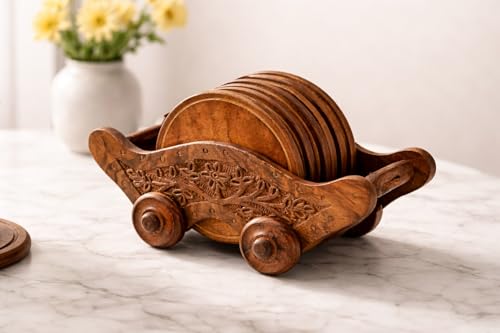 Image of Premium Wooden Coaster Set of 6 for Dining Table, Round Drink Table Coaster, Rustic Boho Indian Home Decor | Housewarming Wedding Gift,
