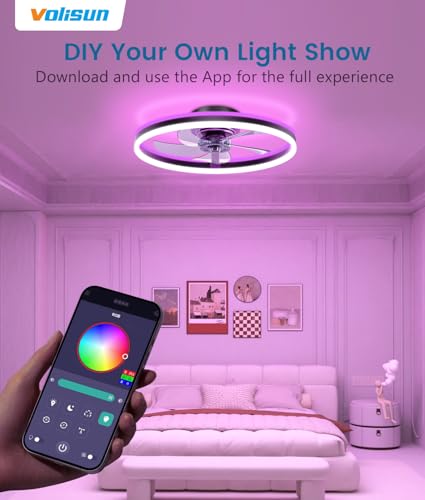 Image of VOLISUN RGB Ceiling Fans with Lights and Remote, 20in Low Profile Ceiling Fans with Lights Flush Mount, 3000K-6500K Dimmable Fandelier LED Fan Light, Black Bladeless Ceiling Fans for Bedroom