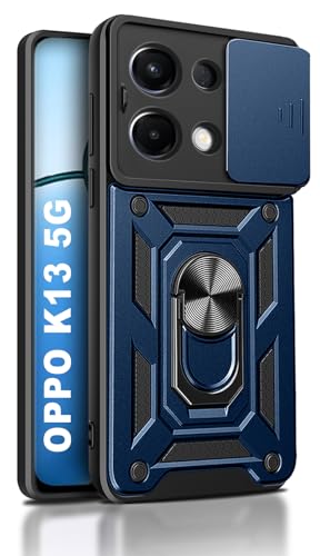 Image of Hupshy Back Cover for Oppo K13 5G | D10 Tough Armor Case | Sliding Camera Shield | 360 Protection | Kickstand Ring Holder | Military-Grade Shockproof Bumper Case (Black) (Blue)