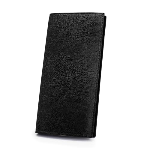 Long Wallet for Men, Bifold Wallets with 4 Cash Slots, 7 Card Slots, and 1 ID Card Window, Retro Ultra-Thin Credit Card Wallet for Suits and Daily Use (Black)