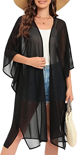 Image of Indian Trendy Women's Solid Puff Sleeve Kimono Long Cardigan Loose Cover Up Casual Blouse Top Chiffon