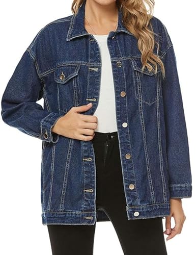 PUWEI Women's Oversized Denim Jacket Distressed Lapel Button Up Long Sleeve Jean Jacket with Pockets