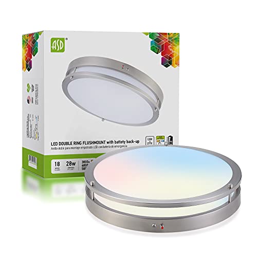 ASD 18 Inch 28W LED Emergency Light for Home Power Failure, Dimmable Flush Mount Ceiling Light, 120-277V, 3 Color Selectable 3000K/ 4000K/ 5000K, 2000 Lm, 225W Equivalent, Brushed Nickel, ETL Listed
