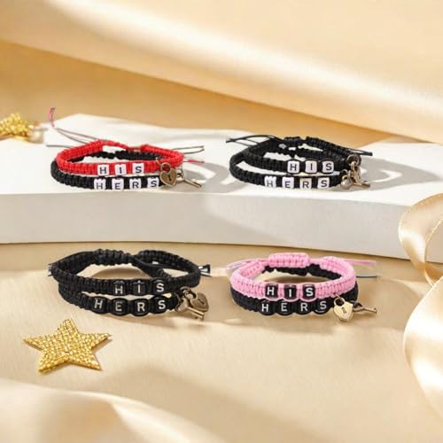 Image of AKOAK 2 Pcs HIS HERS Couple Braided Bracelet Padlock Key Pendant Hand Braided Lanyard Valentine's Day Gift Jewelry