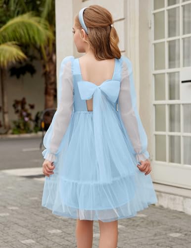 Arshiner Girls Tie Back Dress Puff Long Sleeve Formal Square Neck Party Tulle Dresses4