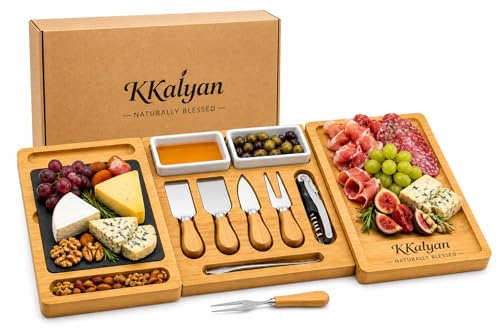 KKALYAN Planche Apero Extensible en Bambou avec Accessoires – Plateau Apéritif Dinatoire XXL 6 à 8 Personnes Couteaux Fromage, Bols Céramique, Ardoise –...