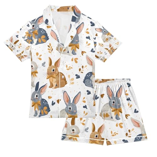senya Rabbit Tie A Bow Satin Summer Pajama Sets Silk Short Sleeve Button Down Sleepwear
