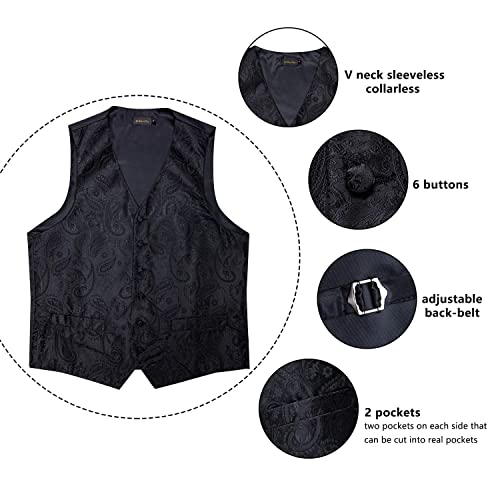 Image of DiBanGu Mens Paisley Vest Silk Sleeveless Suit Vest and Neck Tie Pocket Square Cufflinks Set for Wedding Formal