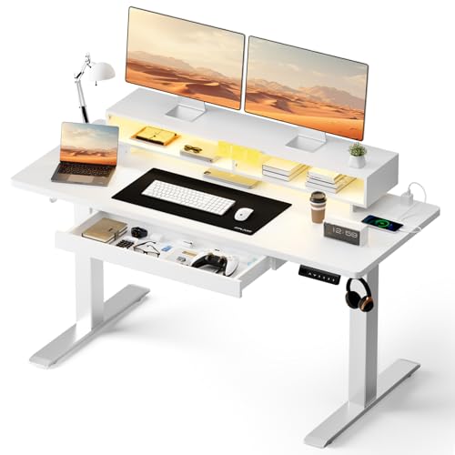 Image of GTPLAYER Electric Standing Desk with Drawers, 48 x 24 Inch Height Adjustable Gaming Desk with Monitor Stand, Power Outlets & LED Lights, Home Office Sit Stand Up Desk with Memory Preset (White)